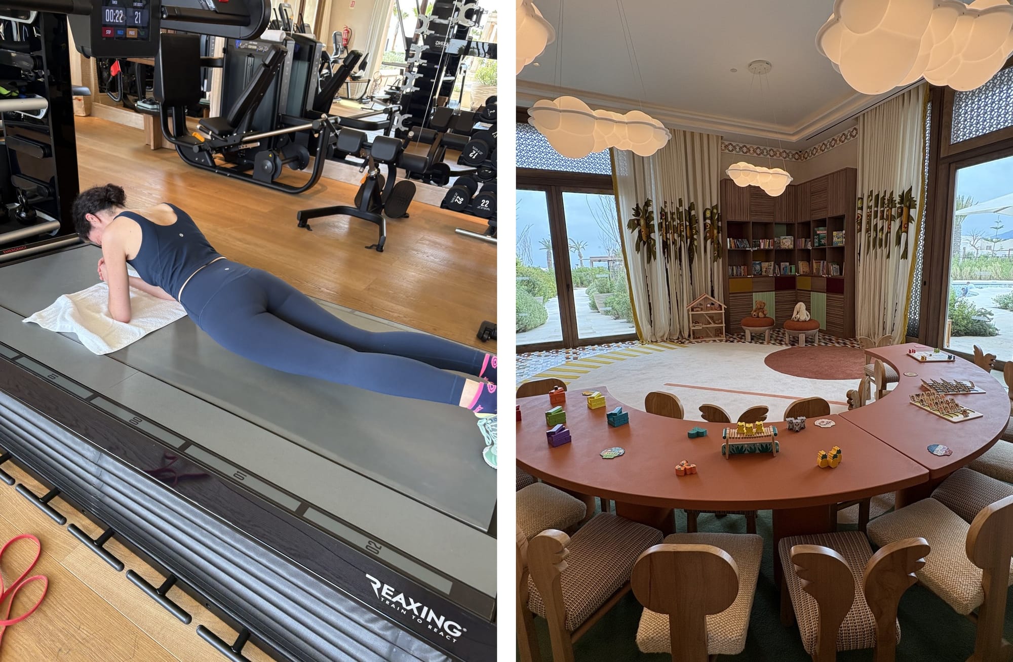 Ma machine préférée à la salle de gym. Et une photo du kids club du Royal Mansour Tamuda Bay